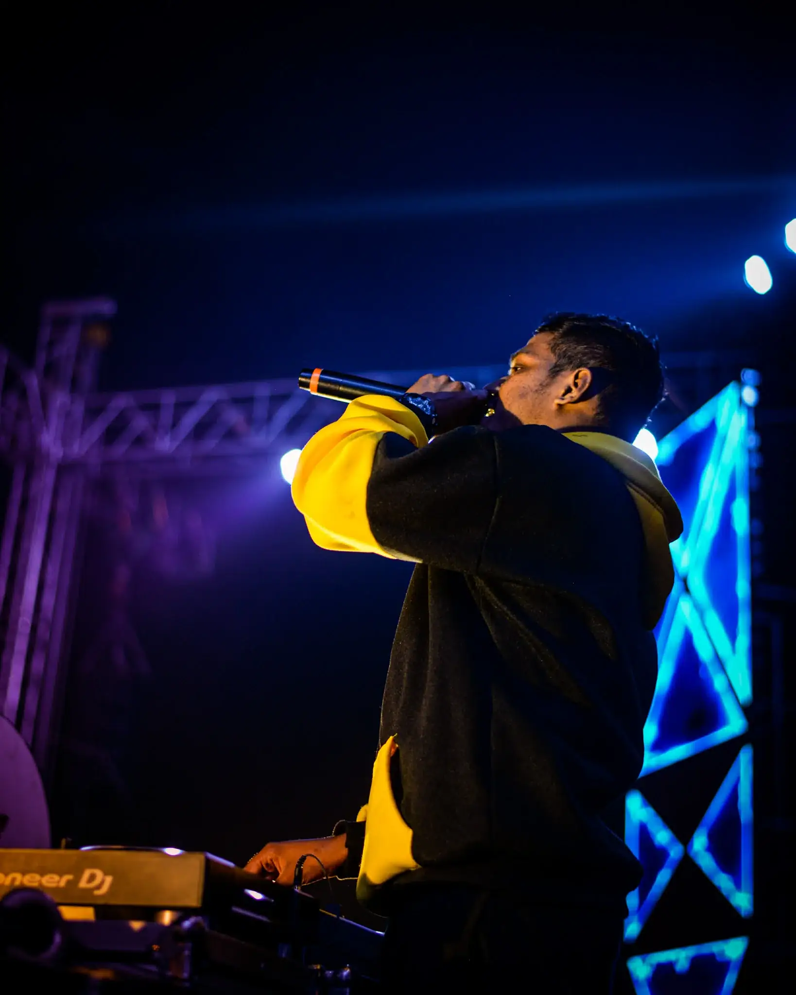Indian-Canadian DJ Plusplay, doing crowd work during the Majestic Music Festival in Surat