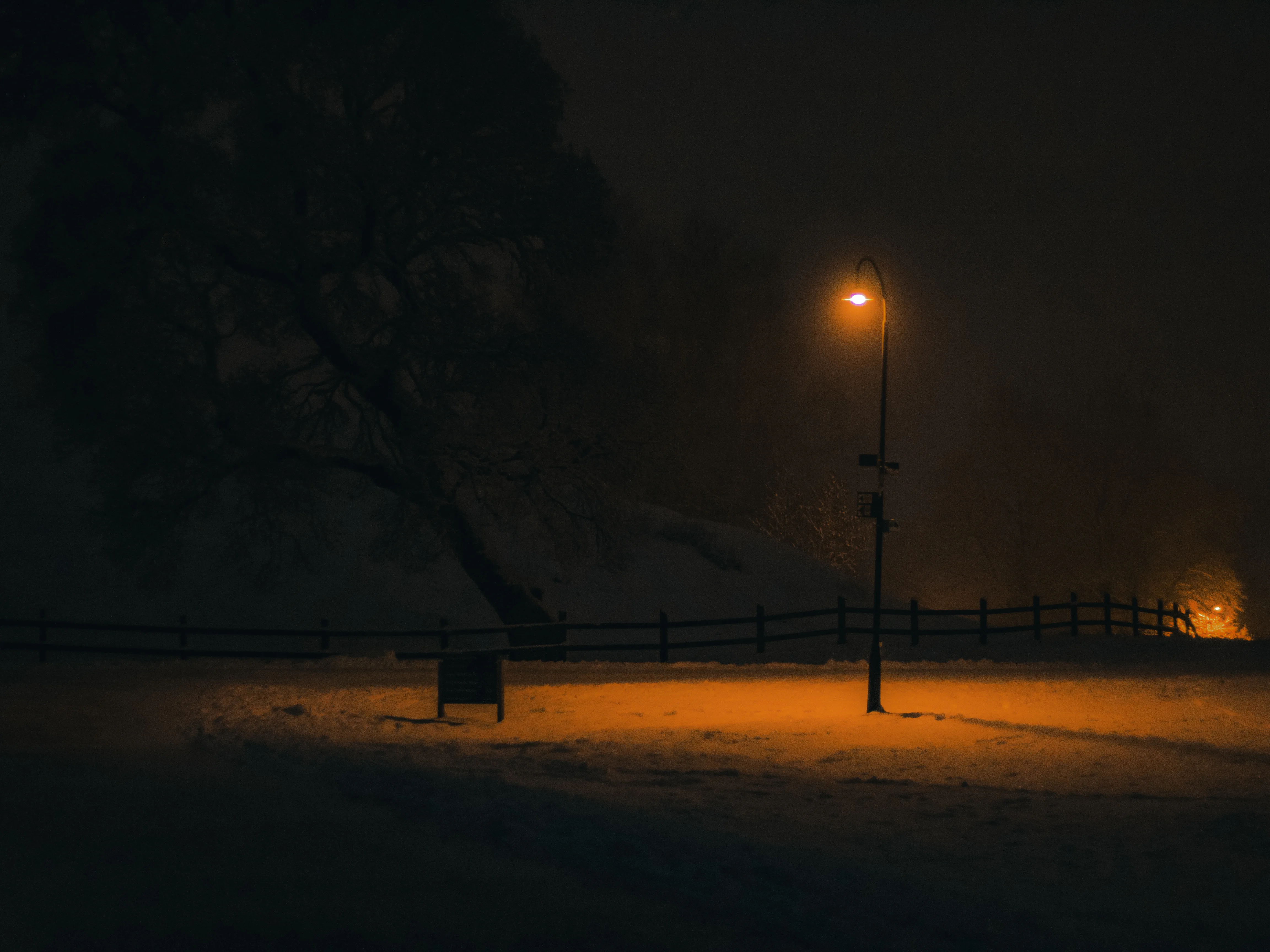 A streetlight illuminating a snow covered ground at Gamla Uppsala