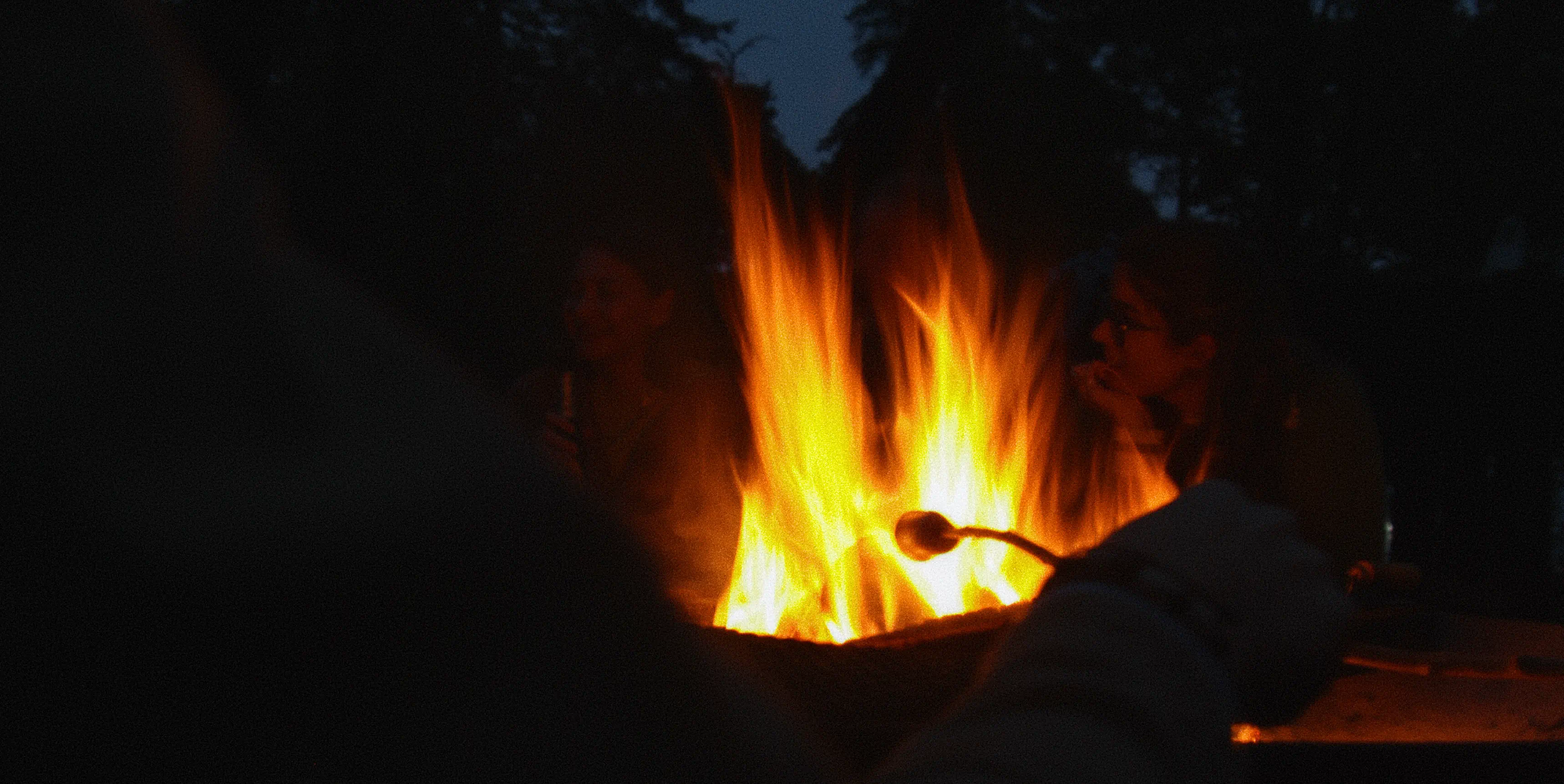 a marshmellow being cooked over a fire trailing through a darkly lit foret background
