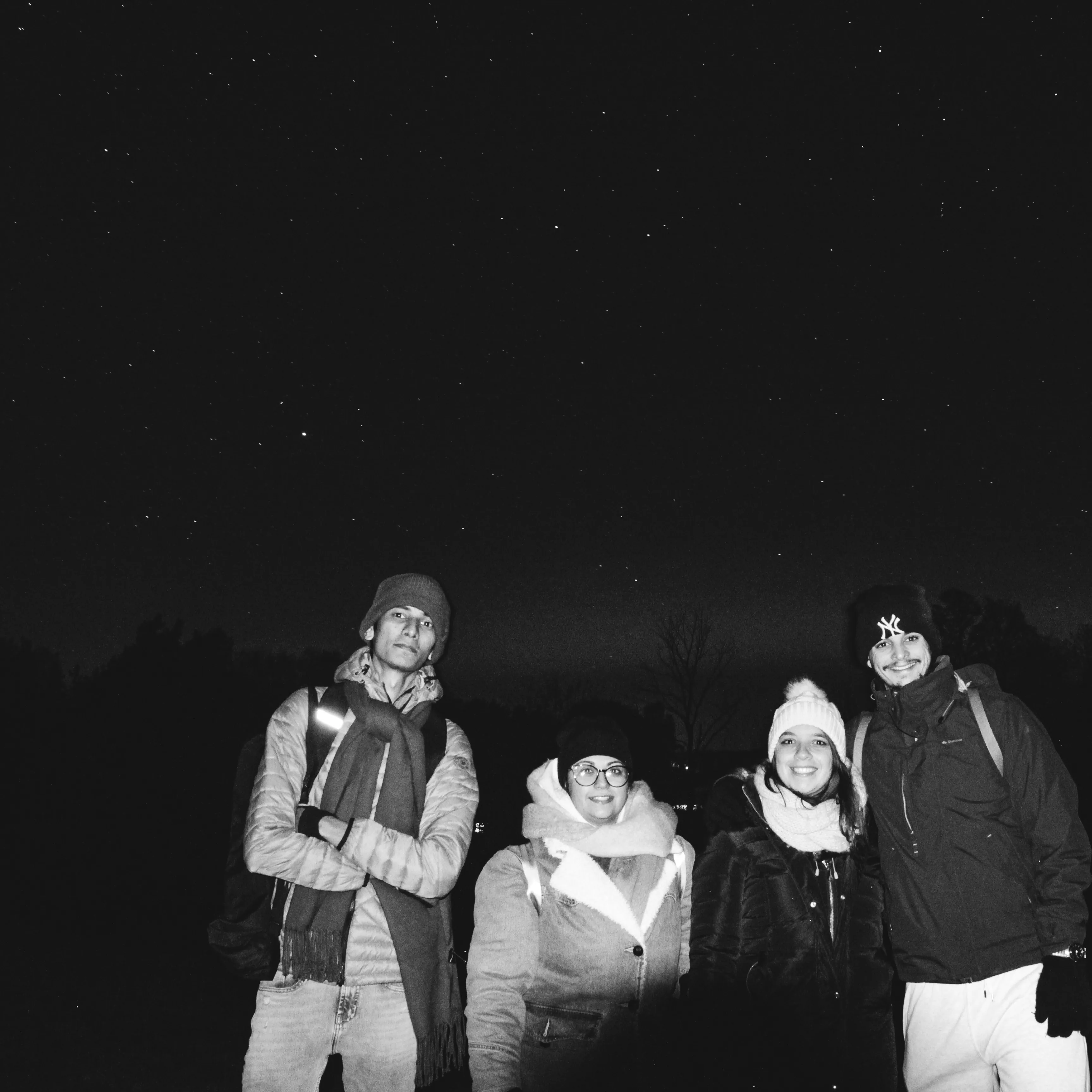 Friends posing for a group photo under a starry sky at Gamla Uppsala