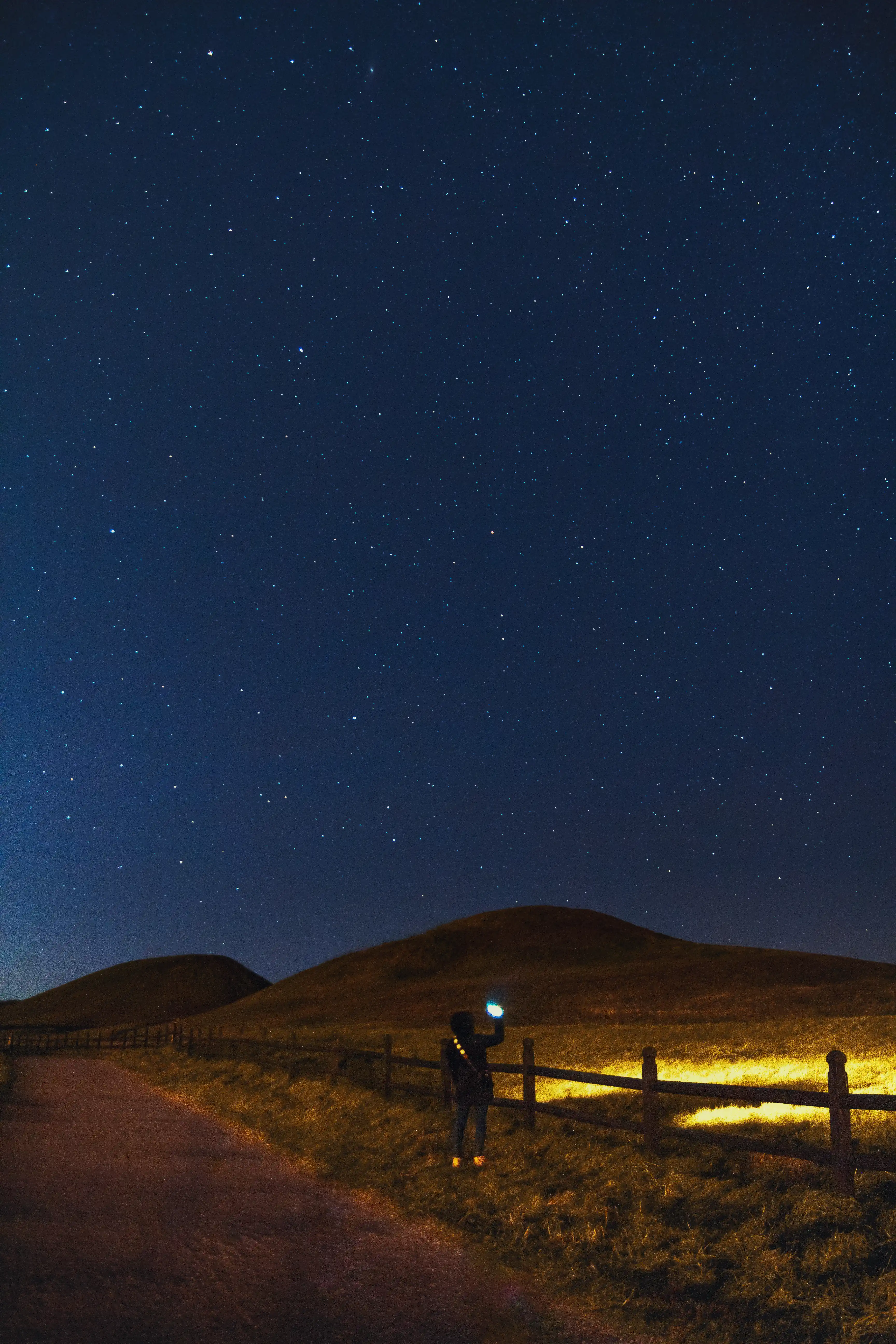 A person flashing a light over the grass next to the mound at Gamla Uppsala, under a starry sky.