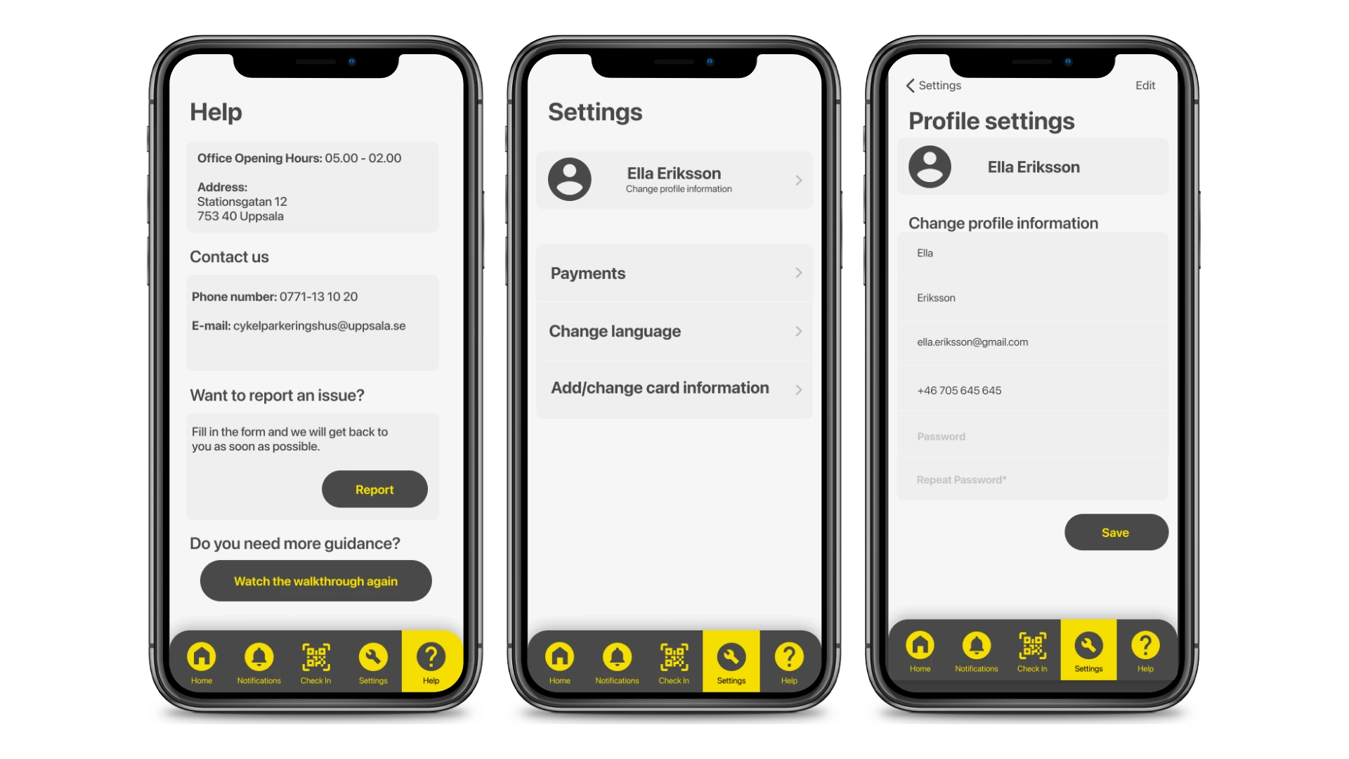 Three screens from the high-fidelity Figma prototype displaying the Helpdesk, Settings and Profile pages 
