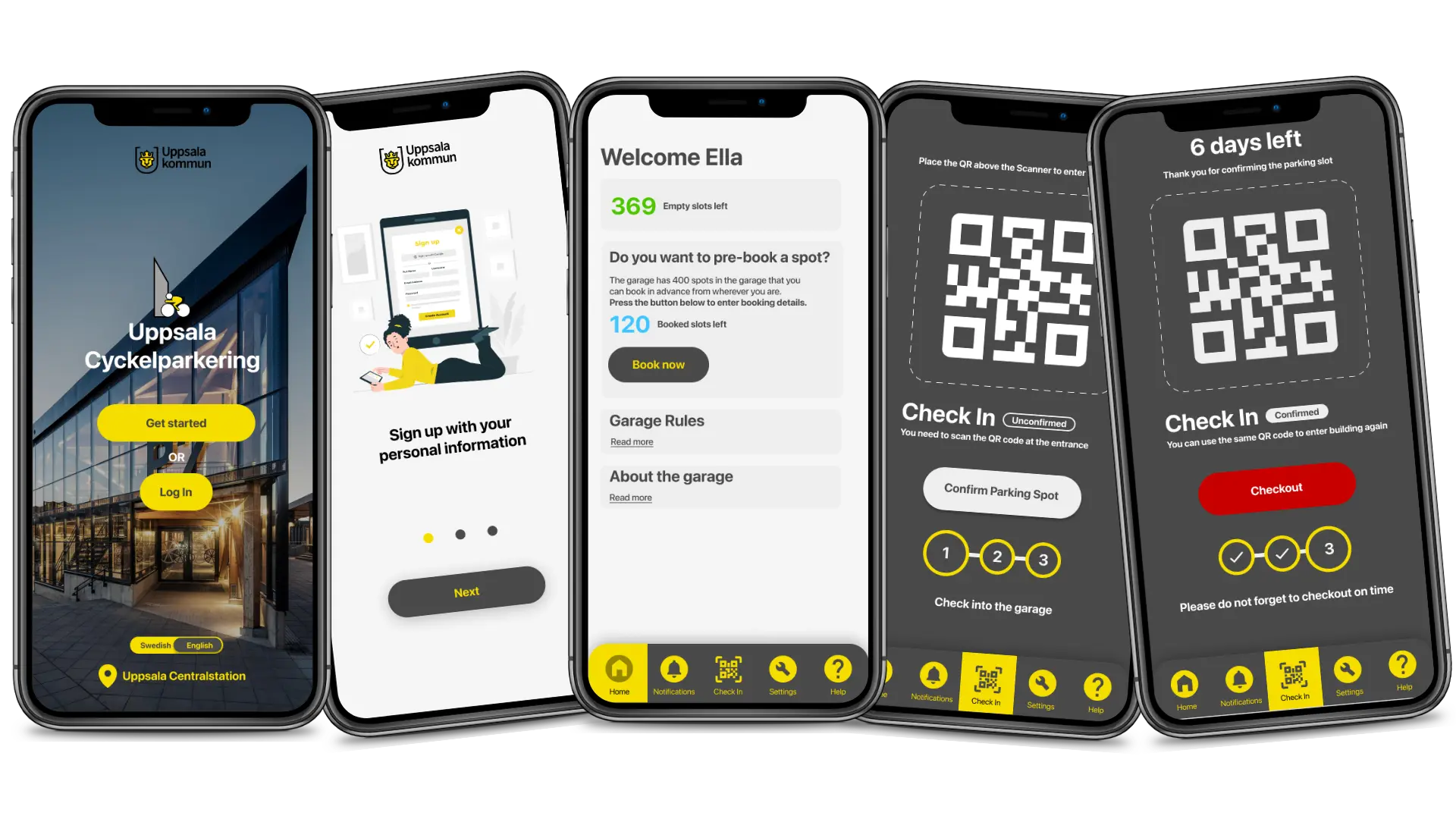 Five screens of the high-fidelity Figma prototype displaying the Onboarding, Dashboard and Check-in/out QR code pages.
