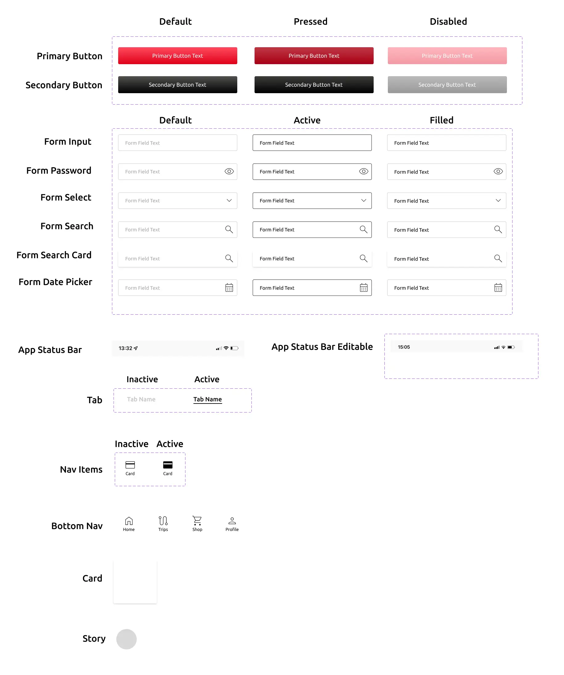 Figma component library showing buttons, inputs, and navigation bars