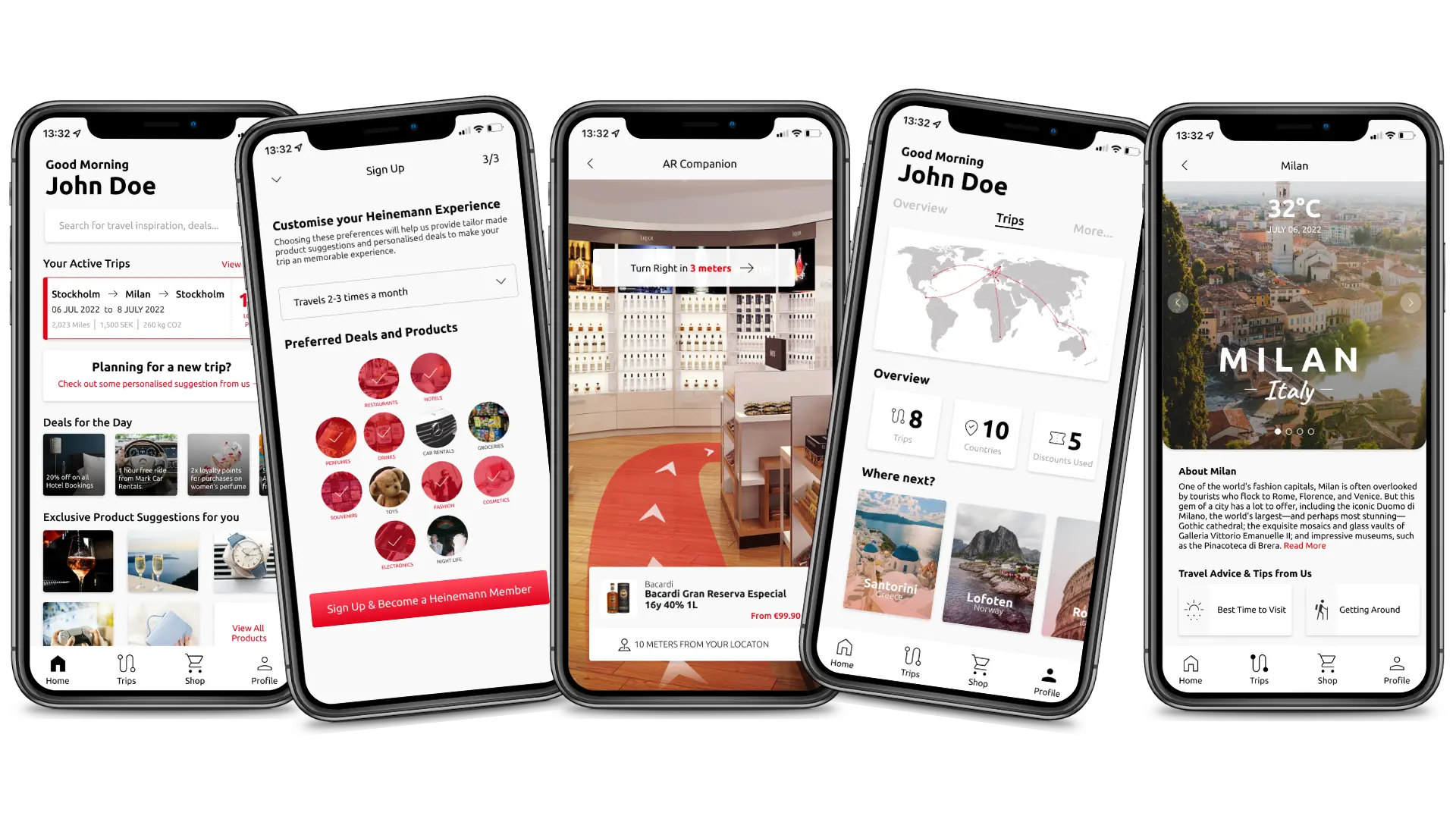 Five screens from the final prototype displaying jdashboard ourney details, profile setup, AR walkthrough simulation and dashboard overview 