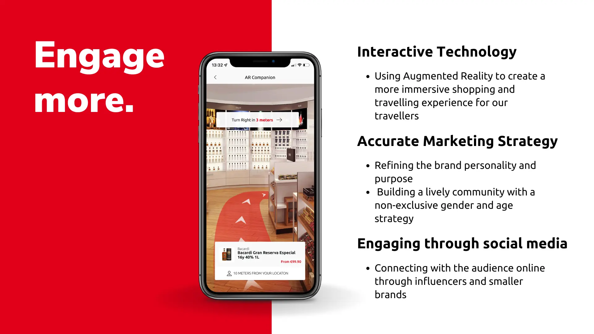 A slide from the final pitch deck describing the AR technology that would work at transit places like airports