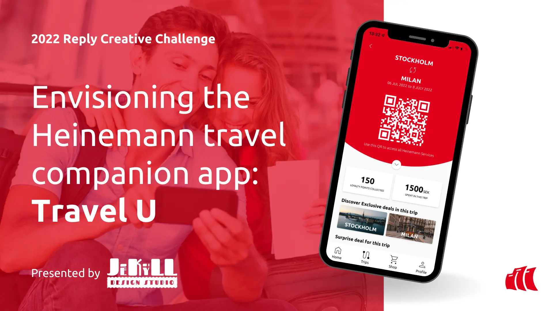 A slide from the pitch deck showing a tag like that reads - Envisioning the Heinemann travel companion app called Travel U and a screen from the final prototype